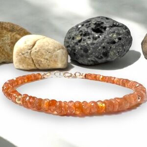 New Handmade Solid 14k Rose Gold Natural Sunstone Bracelet 7" - 7.4"